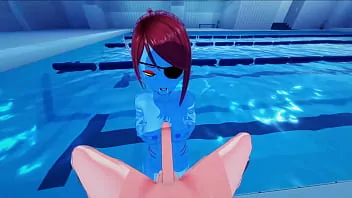 La sirena Undyne es follada en POV en la piscina, creampie - Undertale Hentai.
